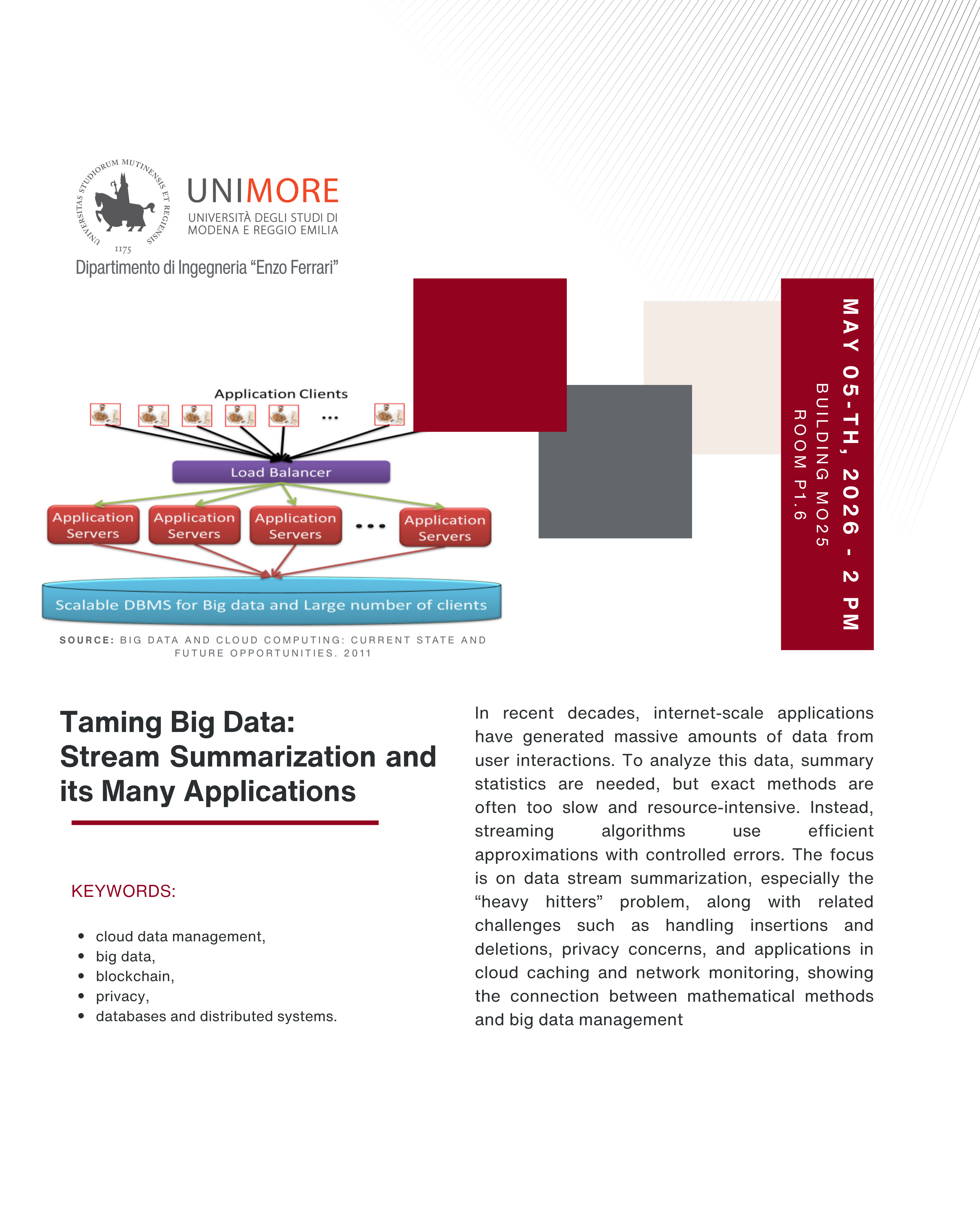 l Prof. Amr El Abbadi, docente presso la University of California, Santa Barbara, terrà il seminario dal titolo: “Taming Big Data: Stream Summarization and its Many Applications”