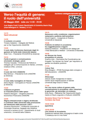 29 maggio: Convegno Verso l’equità di genere: il ruolo dell’università